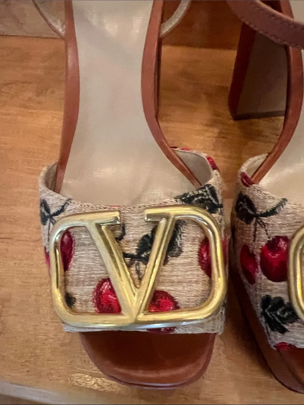 Valentino Garavani Brown Leather Slingback Sandals with Red Cherry Embroidery